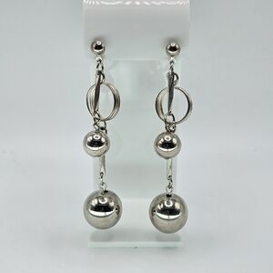 VINTAGE Silver Tone Geometric Ball Long Statement Dangle Earrings Runway
